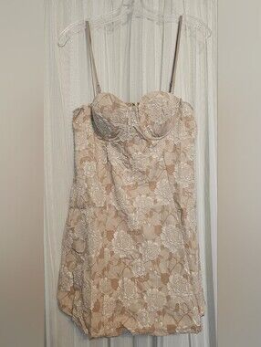Windsor Floral Lace Bustier Slip Dress in Blush Beige Size Large